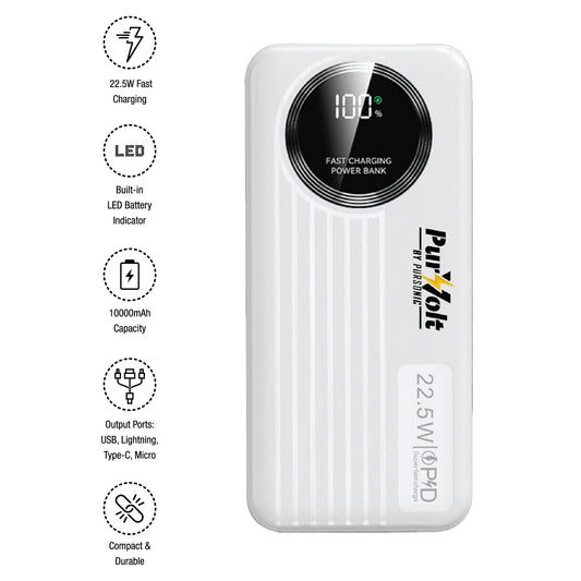 Pursonic 10,000mAh LED Fast Charging Power Bank – Built-in Cables, 22.5W Output, Type-C/USB/Lightning Compatibility
